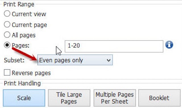 Click vào Even pages only trong mục Subset để in trang chẵn của file pdf