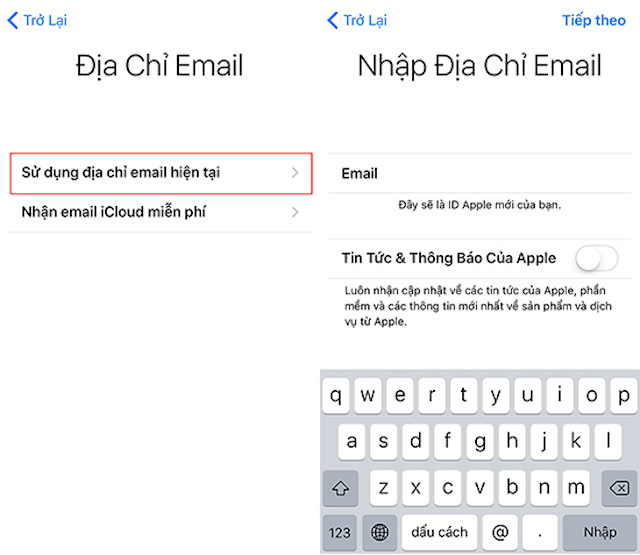Tạo ID Apple bằng địa chỉ email hiện có hoặc tạo mới 