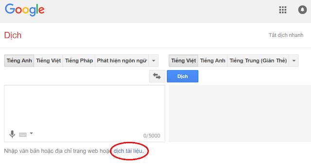 Truy cập vào Google Translate, chọn dịch tài liệu