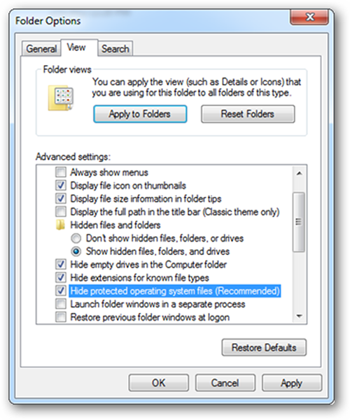 Bỏ chọn một số mục trong cửa sổ Folder Options