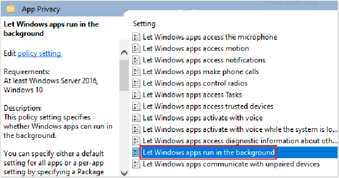 Chọn Let Windows apps run in the background
