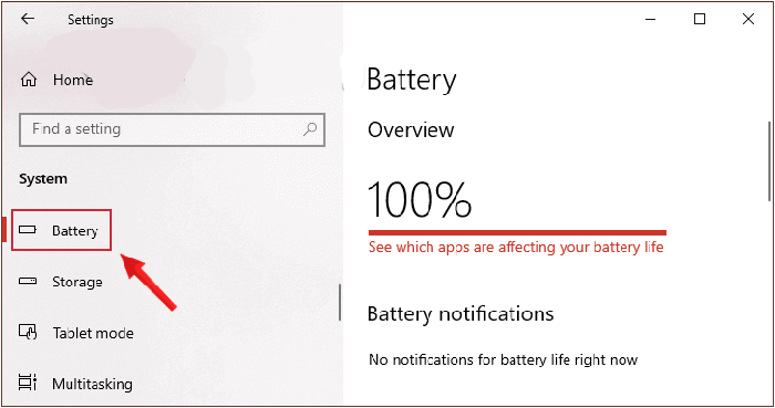 Chọn thiết lập Battery