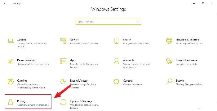 Chọn Privacy trong giao diện Windows settings