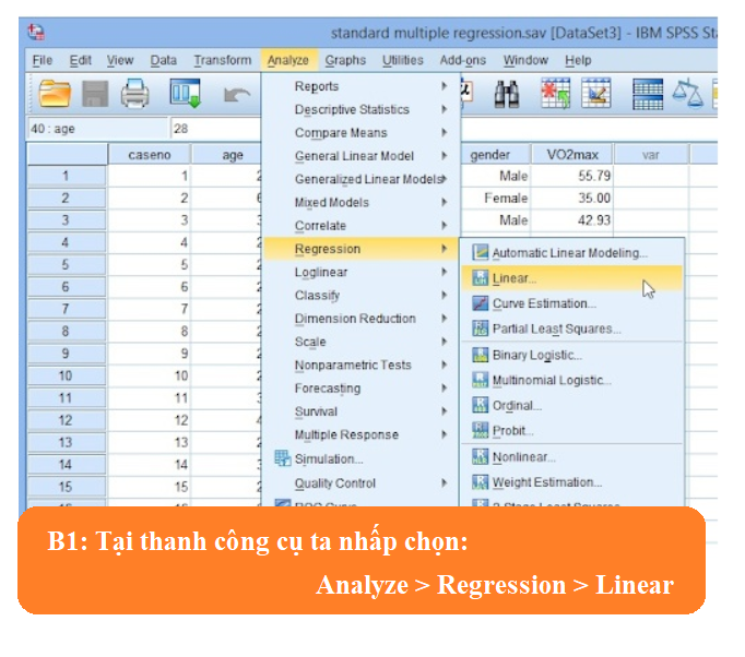 Bước 1: Tại thanh công cụ ta nhấp chọn: Analyze > Regression > Linear